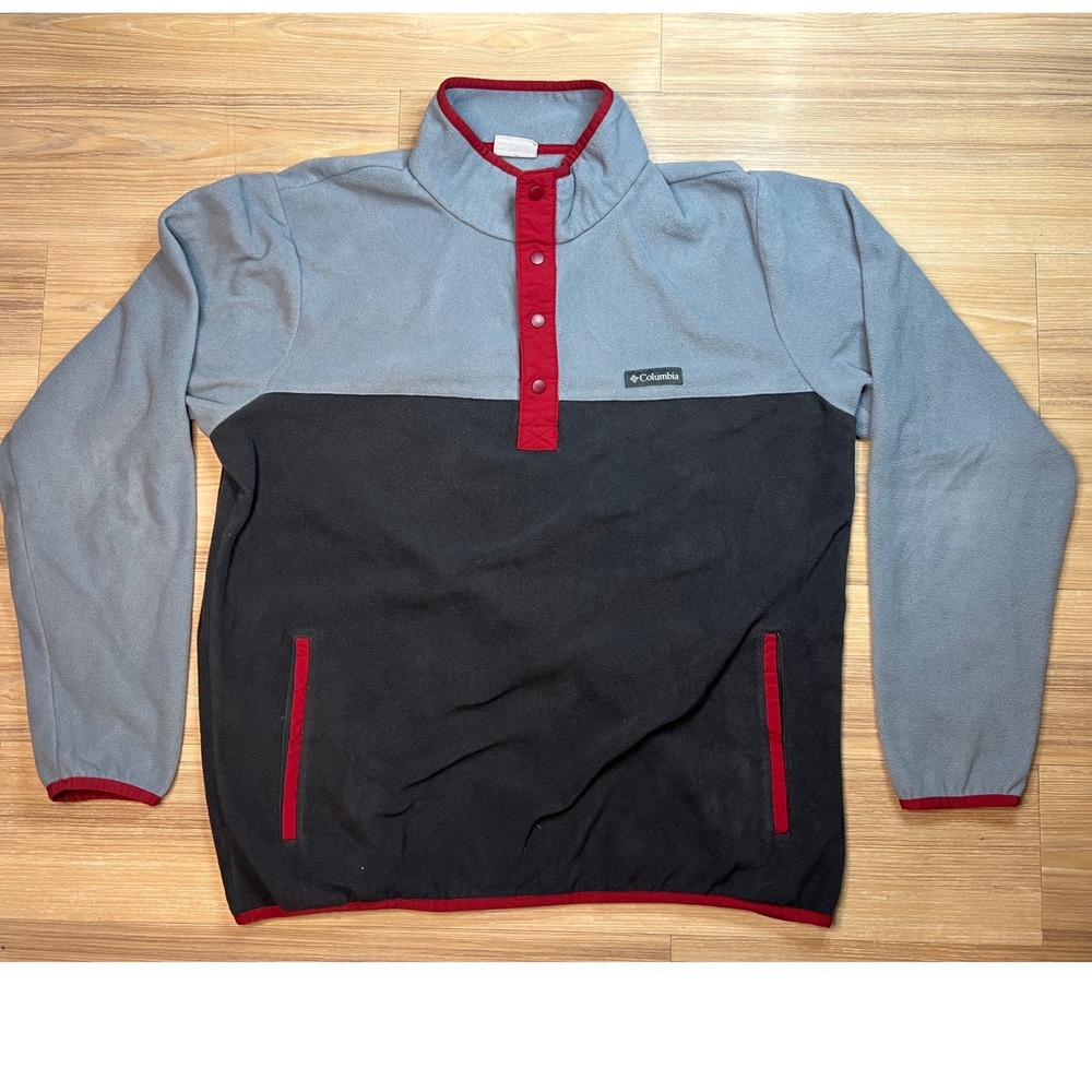 Columbia Mens Fleece Pullover Snap Neck Colorblock Gray Black Red Large